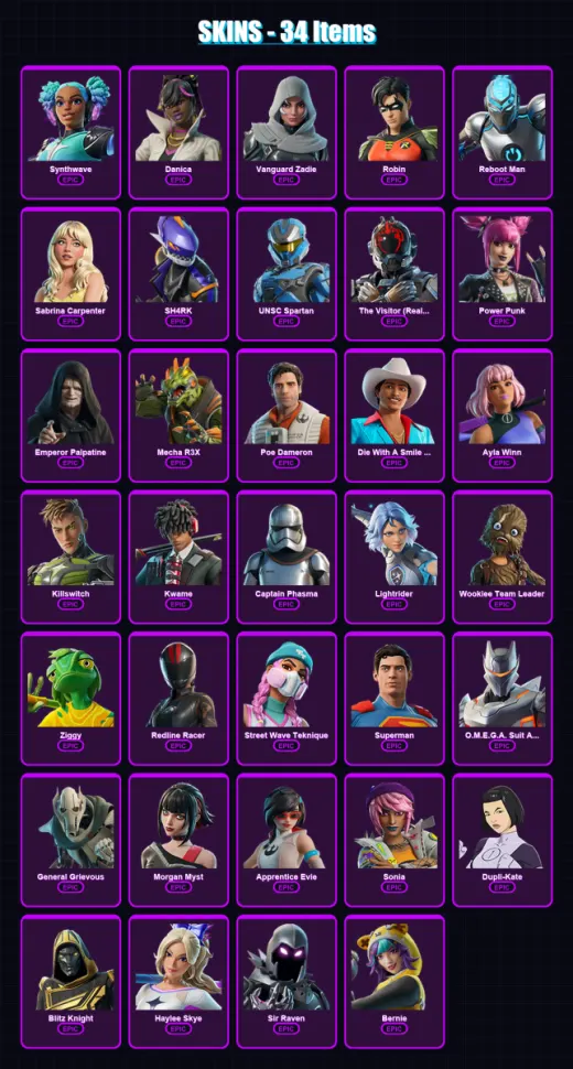 [PC/XBOX/PSN] | Synthwave | Danica | Vanguard Zadie | Robin | Reboot Man | 34 skin | 52 pickaxe | 31 emote | 31 glider | Lv398