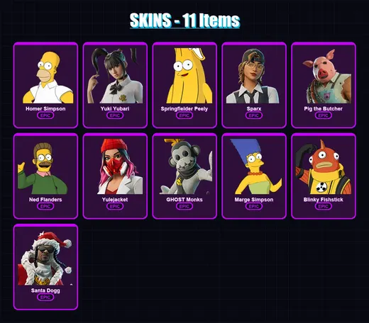 [PC/XBOX/PSN] | Homer Simpson | Yuki Yubari | Springfielder Peely | Sparx | Pig the Butcher | 11 skin | 51 pickaxe | 20 emote | 29 glider | Lv385 — Game account