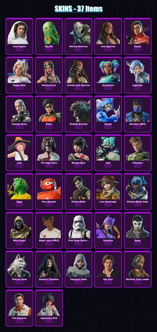 [PC/PSN] | Leia Organa | Big Dill | General Grievous | Jack Sparrow | Kendo | 37 skin | 53 pickaxe | 40 emote | 40 glider | Lv511