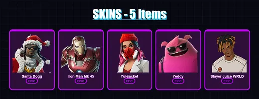 [PC/XBOX/PSN] | Santa Dogg | Iron Man Mk 45 | Yulejacket | Yeddy | Slayer Juice WRLD | 5 skin | 16 pickaxe | 8 emote | 12 glider | Lv123