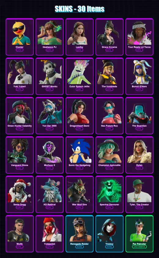 [PC/XBOX/PSN] | Cluster | Heatwave PJ | Laufey | Grace Crowne | Tour Ready Lil Tecca | 30 skin | 51 pickaxe | 29 emote | 35 glider | Lv359