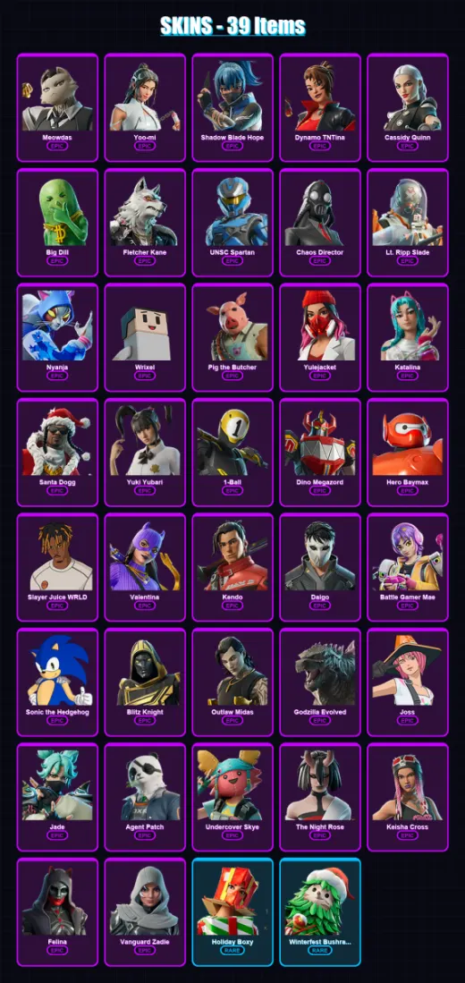 [PS4/PS5/PC] | Meowdas | Yoo-mi | Shadow Blade Hope | Dynamo TNTina | Cassidy Quinn | 39 skin | 102 pickaxe | 48 emote | 65 glider | Lv999