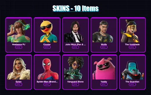 [SWITCH/XBOX/PSN/PC] | Heatwave PJ | Cluster | John Wick (Pen & Ink) | Wolfe | The Voidblade | 10 skin | 22 pickaxe | 17 emote | 22 glider | Lv270