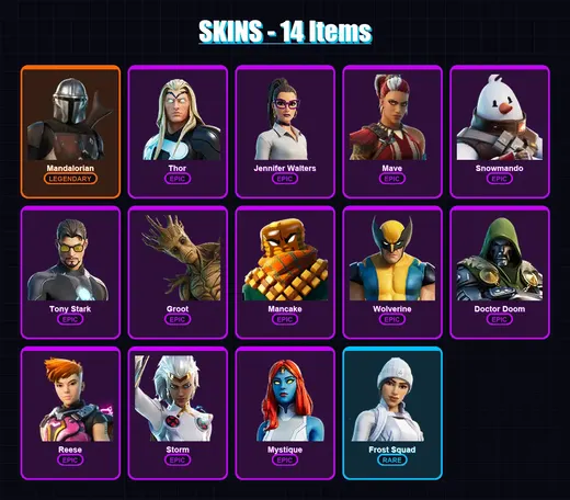 [SWITCH/XBOX/PSN/PC] | Mandalorian | Thor | Jennifer Walters | Mave | Snowmando | 14 skin | 17 pickaxe | 8 emote | 18 glider | Lv260