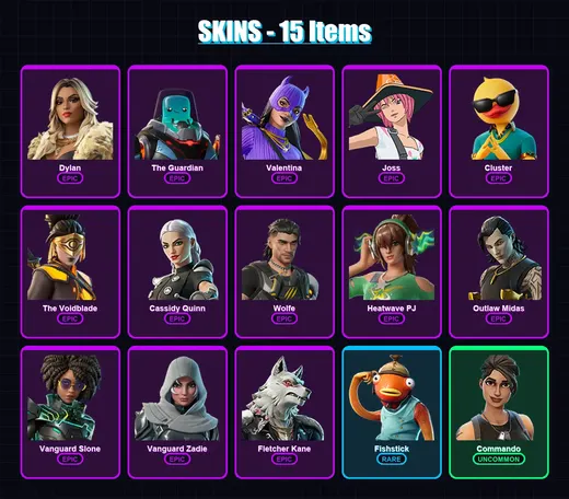 [PC] | Dylan | The Guardian | Valentina | Joss | Cluster | 15 skin | 31 pickaxe | 23 emote | 28 glider | Lv209