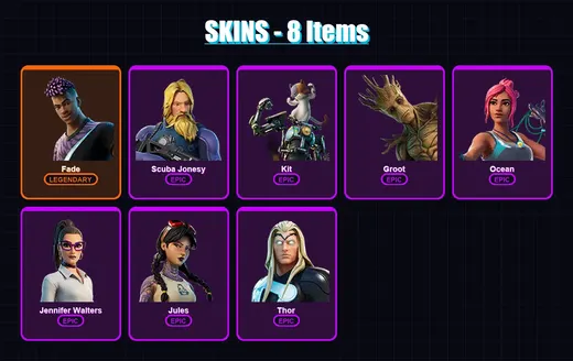 [PC/XBOX/PSN] | Fade | Scuba Jonesy | Kit | Groot | Ocean | 8 skin | 12 pickaxe | 13 emote | 14 glider | Lv239
