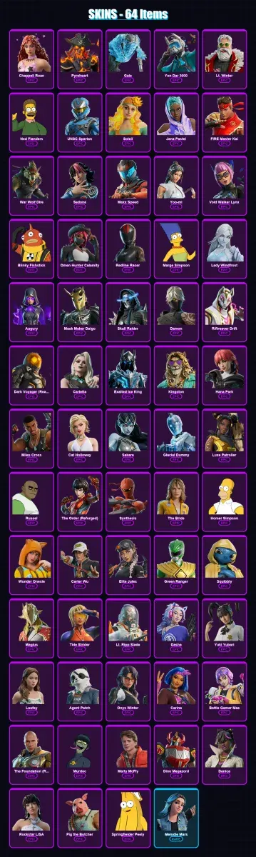 [PS4/PS5/PC] | Chappell Roan | Pyreheart | Gale | Yon Dar 3000 | Lt. Winter | 64 skin | 98 pickaxe | 76 emote | 48 glider | Lv565