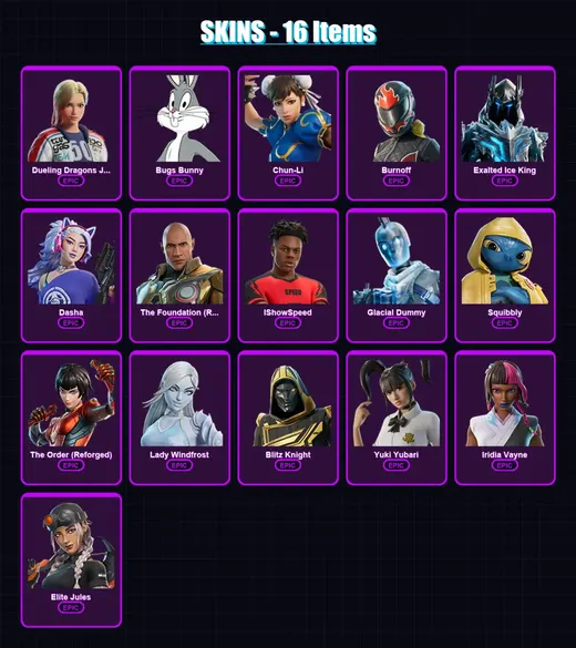 [PC/XBOX/PSN] | Dueling Dragons Jackie | Bugs Bunny | Chun-Li | Burnoff | Exalted Ice King | 16 skin | 69 pickaxe | 30 emote | 41 glider | Lv895