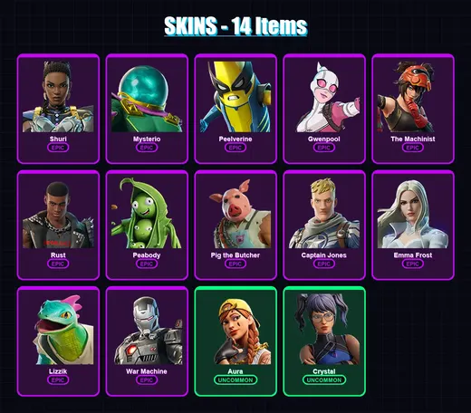 [PC/XBOX/PSN] | Shuri | Mysterio | Peelverine | Gwenpool | The Machinist | 14 skin | 25 pickaxe | 19 emote | 18 glider | Lv192 — Game account