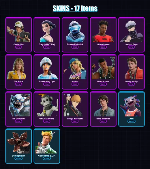 [PC/PSN] | Carter Wu | Zoey (HUNTR/X) | Frozen Fishstick | IShowSpeed | Satoru Gojo | 17 skin | 23 pickaxe | 19 emote | 13 glider | Lv103 — Game account
