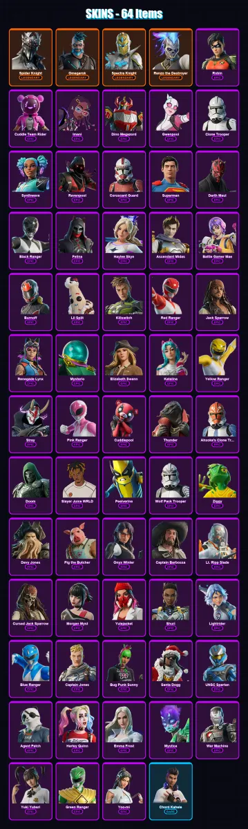 [PC/XBOX/PSN] | Spider Knight | Omegarok | Spectra Knight | Renzo the Destroyer | Robin | 64 skin | 110 pickaxe | 76 emote | 60 glider | Lv1013