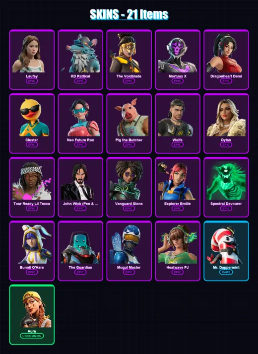 [PC/XBOX/PSN] | Laufey | KD Rattical | The Voidblade | Mortuus X | Dragonheart Demi | 21 skin | 39 pickaxe | 23 emote | 26 glider | Lv295