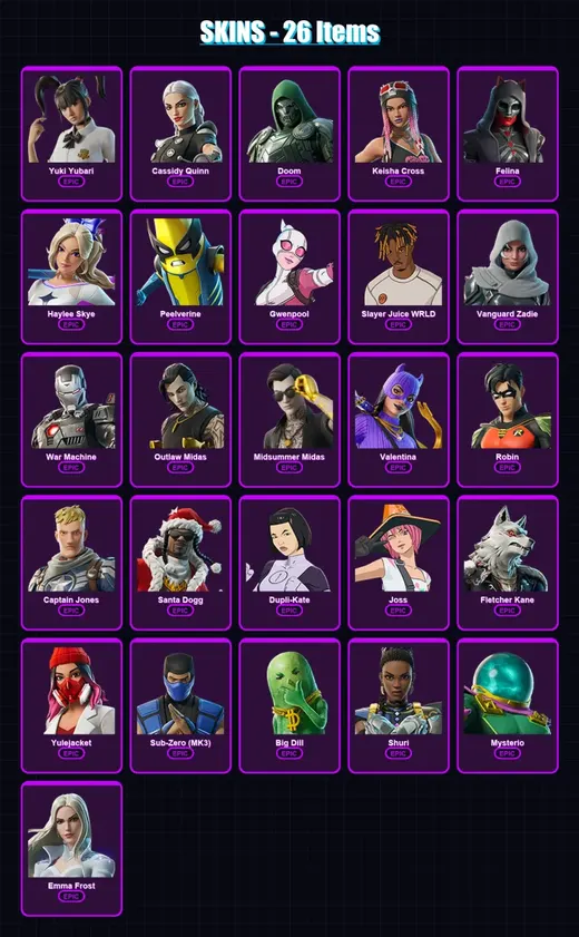 [PS4/PS5/XBOX/PC] | Yuki Yubari | Cassidy Quinn | Doom | Keisha Cross | Felina | 26 skin | 71 pickaxe | 43 emote | 57 glider | Lv1066