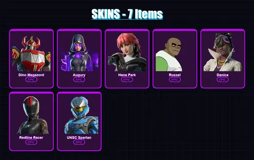 [PC/XBOX/PSN] | Dino Megazord | Augury | Hana Park | Russel | Danica | 7 skin | 7 pickaxe | 5 emote | 4 glider | Lv15