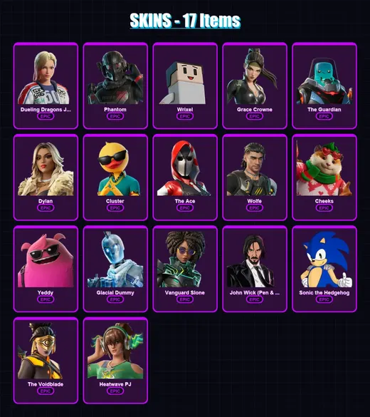 [PC/XBOX/PSN] | Dueling Dragons Jackie | Phantom | Wrixel | Grace Crowne | The Guardian | 17 skin | 38 pickaxe | 18 emote | 30 glider | Lv313 — Game account