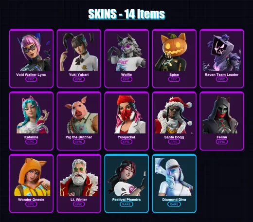 [PC/XBOX/PSN] | Void Walker Lynx | Yuki Yubari | Wolfie | Spice | Raven Team Leader | 14 skin | 40 pickaxe | 20 emote | 24 glider | Lv238