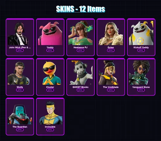 [PC/XBOX/PSN] | John Wick (Pen & Ink) | Yeddy | Heatwave PJ | Dylan | Kickoff Yeddy | 12 skin | 13 pickaxe | 12 emote | 12 glider | Lv99
