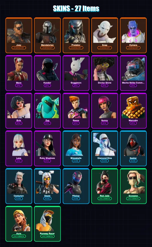 [PC/PSN] | Joey | Mandalorian | Predator | Snap | Kymera | 27 skin | 36 pickaxe | 29 emote | 29 glider | Lv436