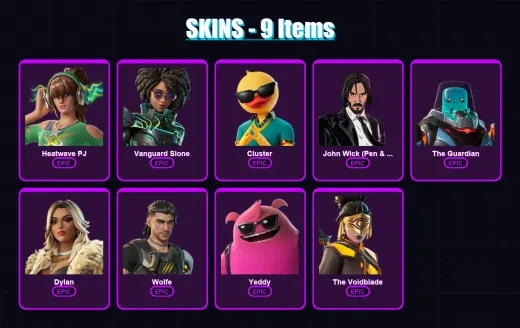 [SWITCH/XBOX/PC] | Heatwave PJ | Vanguard Slone | Cluster | John Wick (Pen & Ink) | The Guardian | 9 skin | 21 pickaxe | 14 emote | 17 glider | Lv30