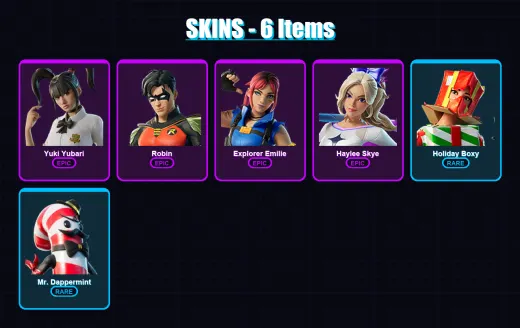 [PC] | Yuki Yubari | Robin | Explorer Emilie | Haylee Skye | Holiday Boxy | 6 skin | 21 pickaxe | 10 emote | 14 glider | Lv182