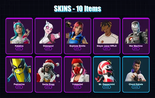 [PC/XBOX/PSN] | Katalina | Gwenpool | Explorer Emilie | Slayer Juice WRLD | War Machine | 10 skin | 14 pickaxe | 8 emote | 9 glider | Lv71 — Game account