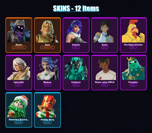 [PC/XBOX/PSN] | Raven | Zeus | Artemis | Korra | The Giant Chicken | 12 skin | 45 pickaxe | 32 emote | 30 glider | Lv483
