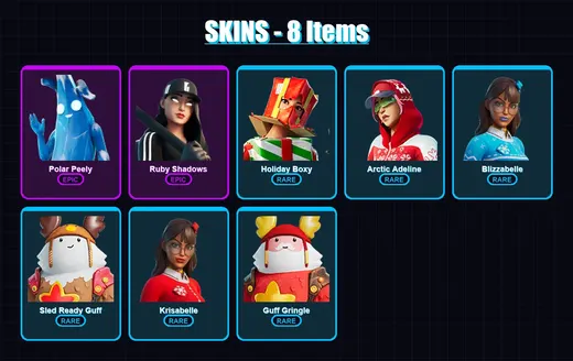 [PC/XBOX/PSN] | Polar Peely | Ruby Shadows | Holiday Boxy | Arctic Adeline | Blizzabelle | 8 skin | 15 pickaxe | 14 emote | 19 glider | Lv187