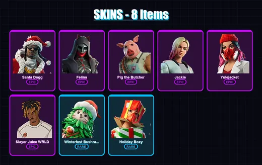 [PC/PSN] | Santa Dogg | Felina | Pig the Butcher | Jackie | Yulejacket | 8 skin | 40 pickaxe | 18 emote | 36 glider | Lv561