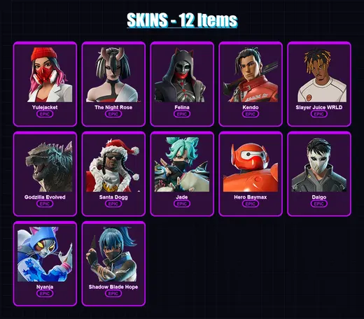 [PC/XBOX] | Yulejacket | The Night Rose | Felina | Kendo | Slayer Juice WRLD | 12 skin | 42 pickaxe | 27 emote | 33 glider | Lv744