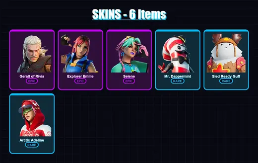 [PC/XBOX/PSN] | Geralt of Rivia | Explorer Emilie | Selene | Mr. Dappermint | Sled Ready Guff | 6 skin | 6 pickaxe | 4 emote | 9 glider | Lv16 — Game account
