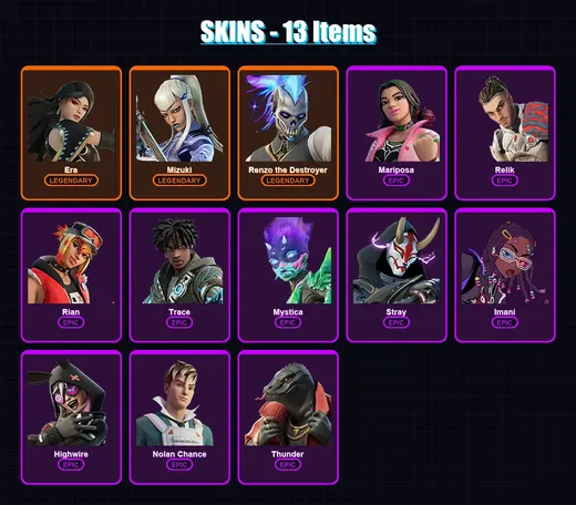 [PC/XBOX/PSN] | Era | Mizuki | Renzo the Destroyer | Mariposa | Relik | 13 skin | 15 pickaxe | 10 emote | 19 glider | Lv207