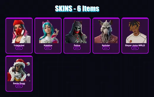 [PC/XBOX] | Yulejacket | Katalina | Felina | Splinter | Slayer Juice WRLD | 6 skin | 33 pickaxe | 13 emote | 21 glider | Lv286