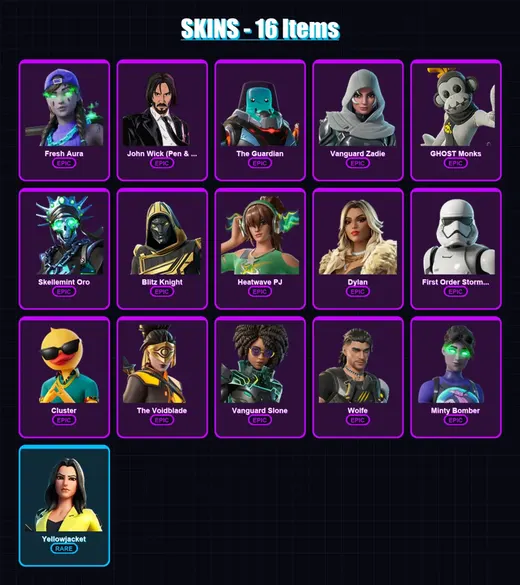 [PC/XBOX/PSN] | Fresh Aura | John Wick (Pen & Ink) | The Guardian | Vanguard Zadie | GHOST Monks | 16 skin | 63 pickaxe | 27 emote | 41 glider | Lv6