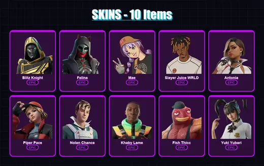 [PC/XBOX] | Blitz Knight | Felina | Mae | Slayer Juice WRLD | Antonia | 10 skin | 53 pickaxe | 23 emote | 43 glider | Lv554
