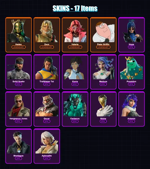 [PC/XBOX/PSN] | Hades | Zeus | Valeria | Peter Griffin | Hope | 17 skin | 22 pickaxe | 29 emote | 23 glider | Lv430