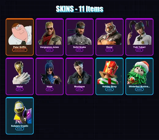 [PS4/PS5/XBOX/PC] | Peter Griffin | Vengeance Jones | Solid Snake | Oscar | Yuki Yubari | 11 skin | 35 pickaxe | 14 emote | 29 glider | Lv313 — Game account