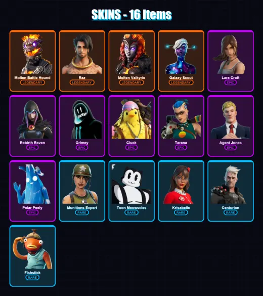 [PS4/PS5/PC] | Molten Battle Hound | Raz | Molten Valkyrie | Galaxy Scout | Lara Croft | 16 skin | 21 pickaxe | 13 emote | 19 glider | Lv164