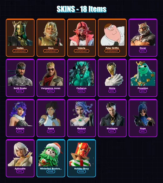 [PC/XBOX/PSN] | Hades | Zeus | Valeria | Peter Griffin | Oscar | 18 skin | 24 pickaxe | 25 emote | 26 glider | Lv374