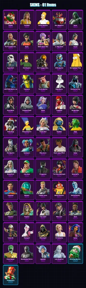 [SWITCH/XBOX/PSN/PC] | Cheeks | The Bride | Homer Simpson | Dino Megazord | Doom | 61 skin | 150 pickaxe | 79 emote | 113 glider | Lv2201