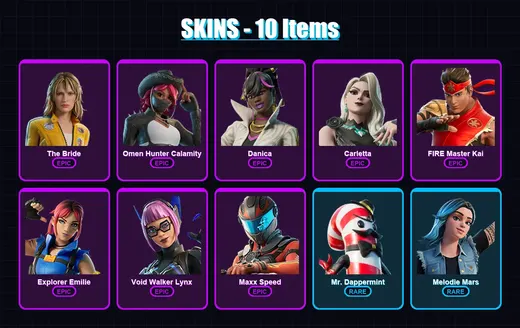 [PC/XBOX/PSN] | The Bride | Omen Hunter Calamity | Danica | Carletta | FIRE Master Kai | 10 skin | 6 pickaxe | 2 emote | 1 glider | Lv8 — Game account
