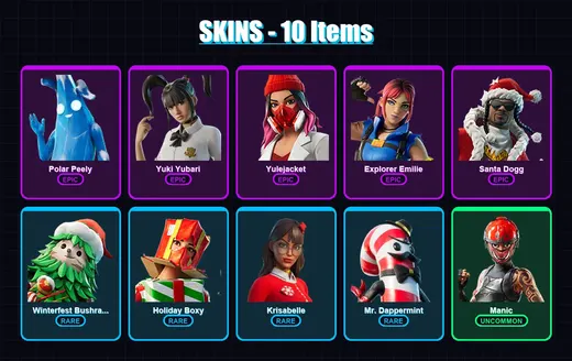 [PC/XBOX/PSN] | Polar Peely | Yuki Yubari | Yulejacket | Explorer Emilie | Santa Dogg | 10 skin | 18 pickaxe | 7 emote | 9 glider | Lv90 — Game account