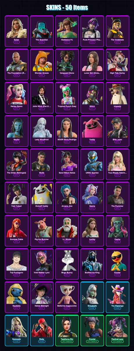[PC/XBOX] | Dylan | The Guardian | Heatwave PJ | Punk Princess Phaedra | The Voidblade | 50 skin | 74 pickaxe | 74 emote | 54 glider | Lv1325