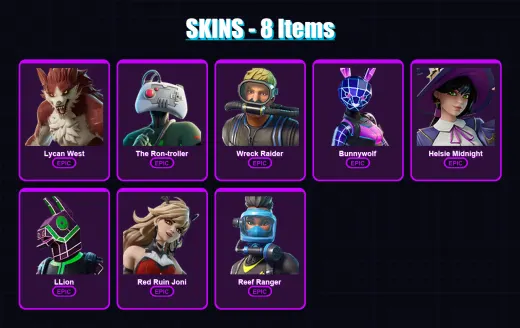 [PC/XBOX/PSN] | Lycan West | The Ron-troller | Wreck Raider | Bunnywolf | Helsie Midnight | 8 skin | 9 pickaxe | 5 emote | 4 glider | Lv58