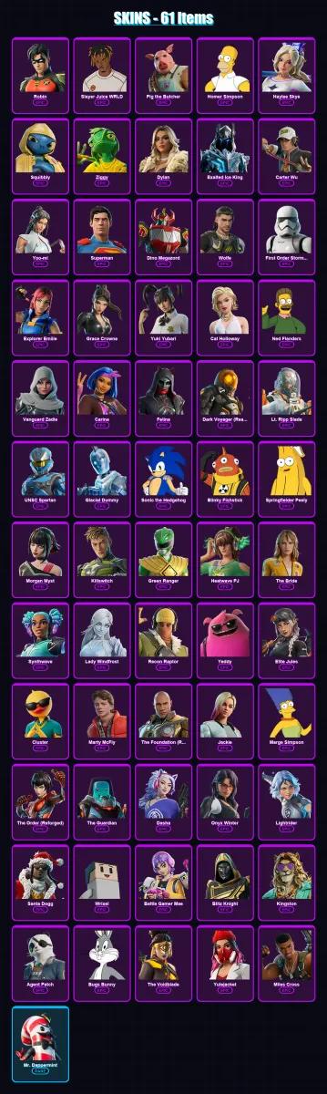 [SWITCH/PSN/PC] | Robin | Slayer Juice WRLD | Pig the Butcher | Homer Simpson | Haylee Skye | 61 skin | 135 pickaxe | 70 emote | 88 glider | Lv1124