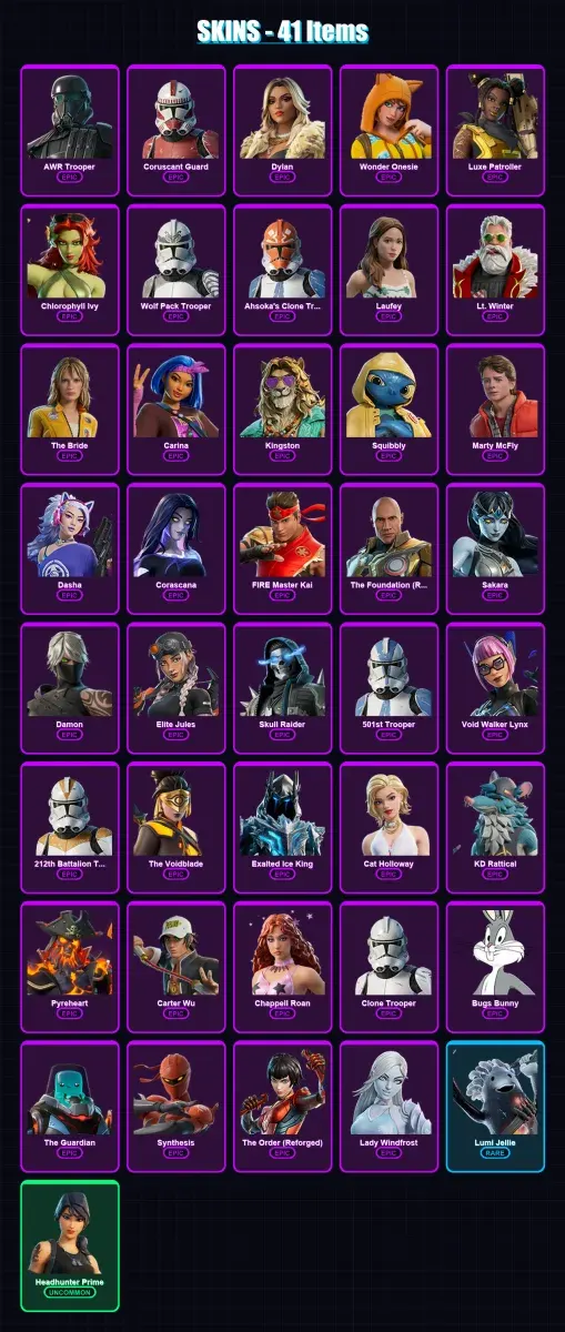 [PC/XBOX/PSN] | AWR Trooper | Coruscant Guard | Dylan | Wonder Onesie | Luxe Patroller | 41 skin | 44 pickaxe | 28 emote | 29 glider | Lv365