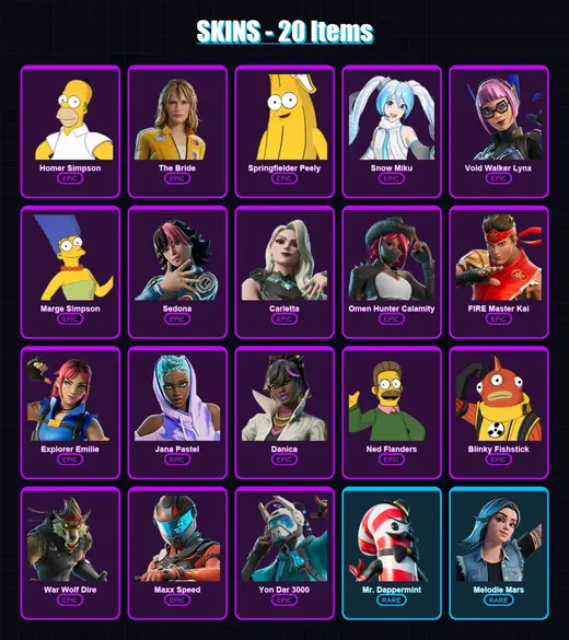 [PC/XBOX/PSN] | Homer Simpson | The Bride | Springfielder Peely | Snow Miku | Void Walker Lynx | 20 skin | 22 pickaxe | 15 emote | 13 glider | Lv91