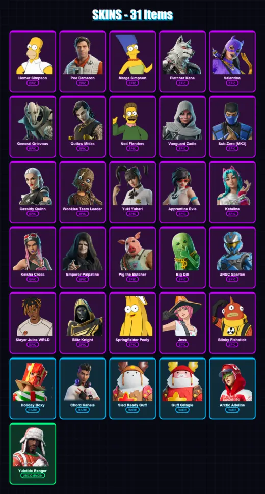 [PS4/PS5/XBOX/PC] | Homer Simpson | Poe Dameron | Marge Simpson | Fletcher Kane | Valentina | 31 skin | 87 pickaxe | 49 emote | 64 glider | Lv1224