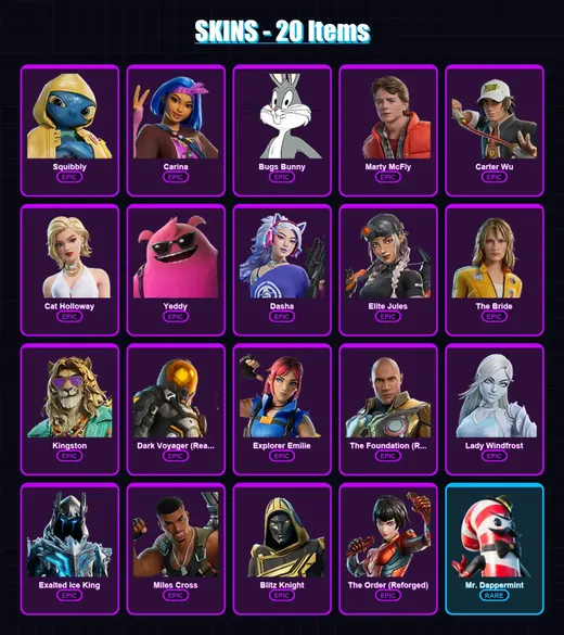 [PC/XBOX/PSN] | Squibbly | Carina | Bugs Bunny | Marty McFly | Carter Wu | 20 skin | 33 pickaxe | 22 emote | 28 glider | Lv481