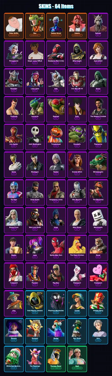 [PC] | Peter Griffin | Rex | Galaxy Scout | Valeria | Splinter | 64 skin | 78 pickaxe | 54 emote | 45 glider | Lv568