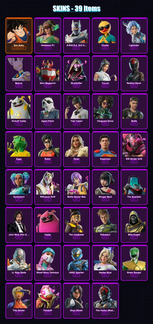 [PC/XBOX/PSN] | Son Goku | Heatwave PJ | O.M.E.G.A. Suit Alpha | Cluster | Lightrider | 39 skin | 84 pickaxe | 47 emote | 59 glider | Lv1266